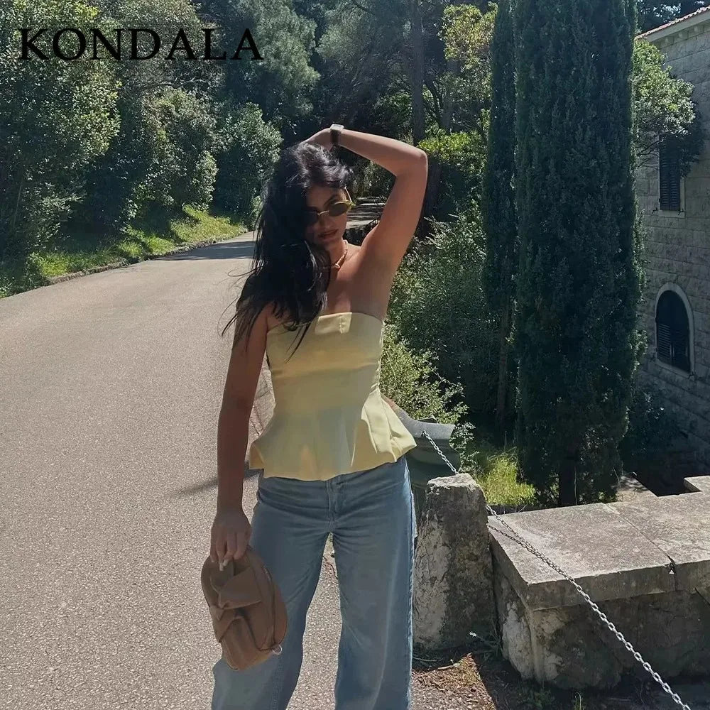 2026 Spring Summer Butter Yellow Sexy Women Tops Fashion Solid Strapless Short Tops Chic Streetwear Ladies Tops