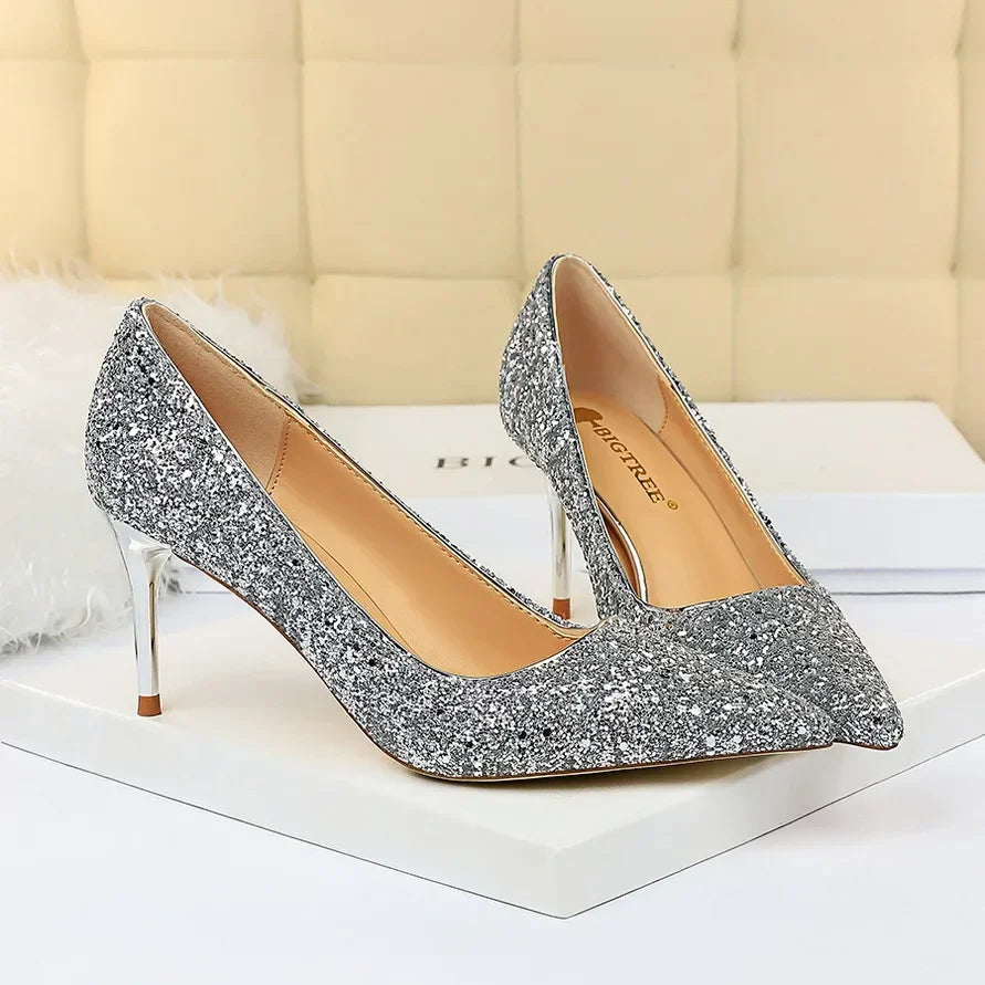 Women Luxury Bling Red  Blue Valentine Party Scarpins Pumps Lady Glitter Sequins 7cm 9.5cm High Heels Designer Shoes Plus Size