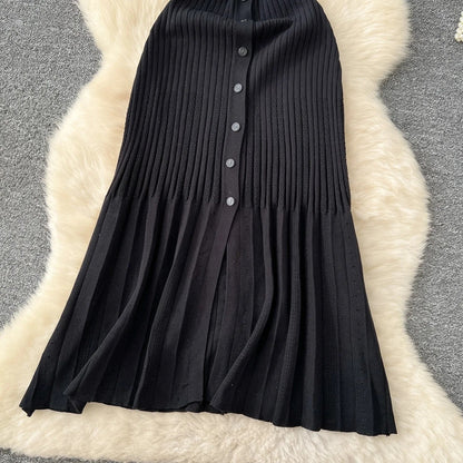 Fashion Vintage Turn-down Collar Knit Maxi Dress Elegant Single-breasted A-line Long Shirt Dress Lady Vestidos