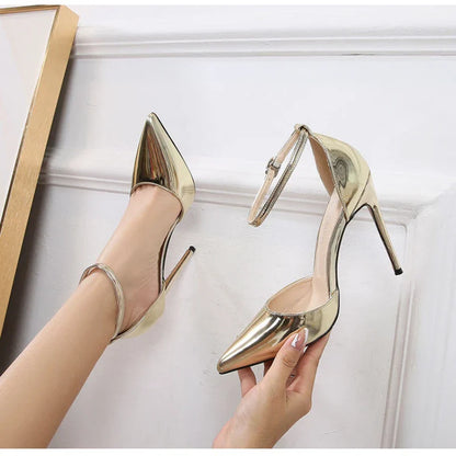 Professional Suit French High Heels One-Liner Strap Pointed Toe Thin Heel Shallow Mouth Hollow Super High Heels Versatile