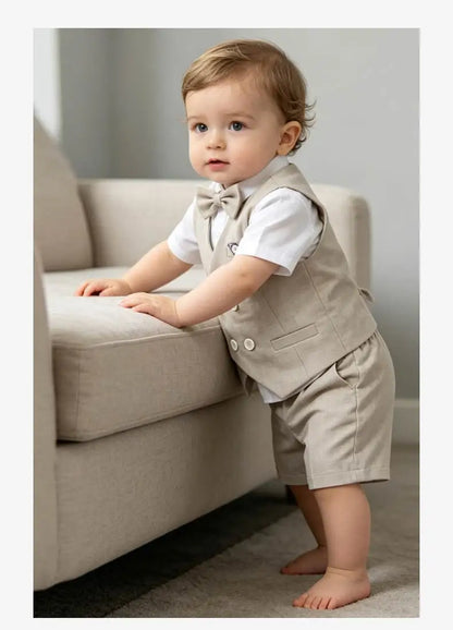 Summer Kids Boy Linen Suit Set Double Breasted Vest Shorts Bowtie for Ring Bearer Flower Boys Toddler Gentleman Outfit Clothes