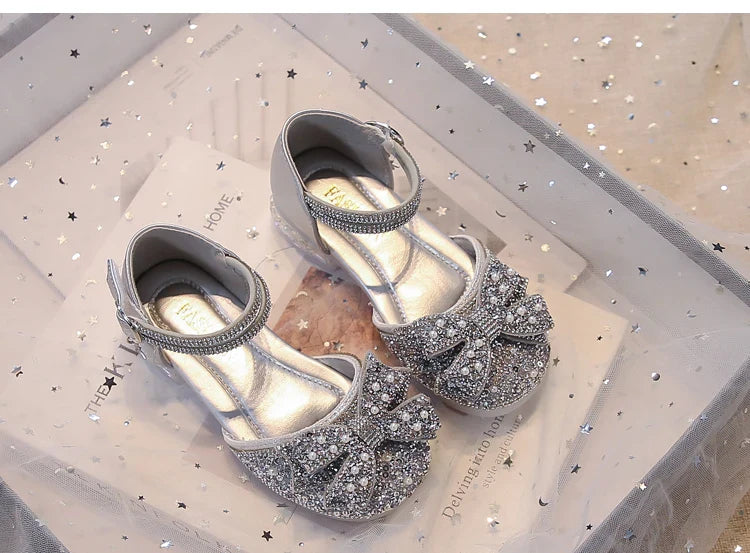 Kid's Sandals high Heels Pumps Rhinestone Bow Silver Party Breathable Shoes For Girl PU Leather Footwear for Kids Size 26-36