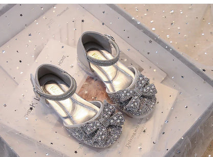 Kid's Sandals high Heels Pumps Rhinestone Bow Silver Party Breathable Shoes For Girl PU Leather Footwear for Kids Size 26-36