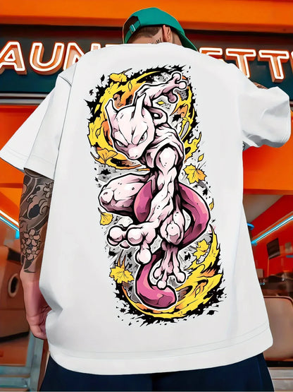 Animation Derivatives Mewtwo Printed Short Sleeve T-Shirt Men's and Women's 2025 Summer Fashion Casual Cotton Clothing