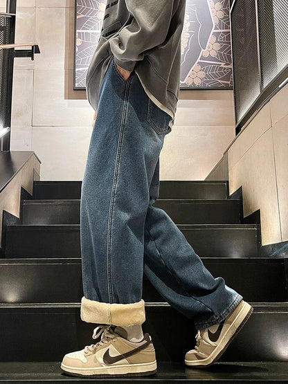 Men's Winter Jeans Fleece-Lined Brushed Thick Warm Denim Pants Korean Style Straight Fit Insulated Trousers Asians Size M-3XL