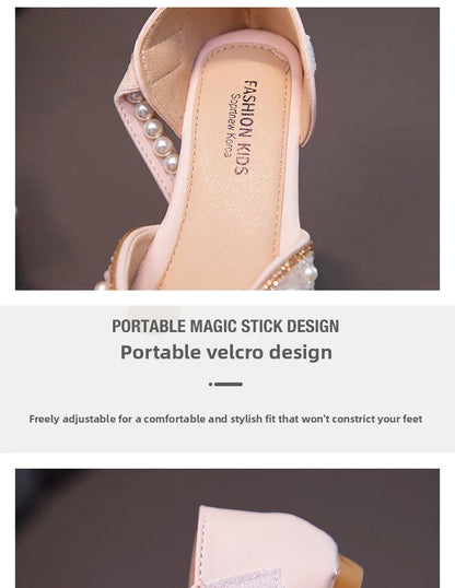 2026 Spring New Girl Sandals Cute Bow Pearl Sequins Kid Princess Shoes Flat Heels children Dancing 21-34