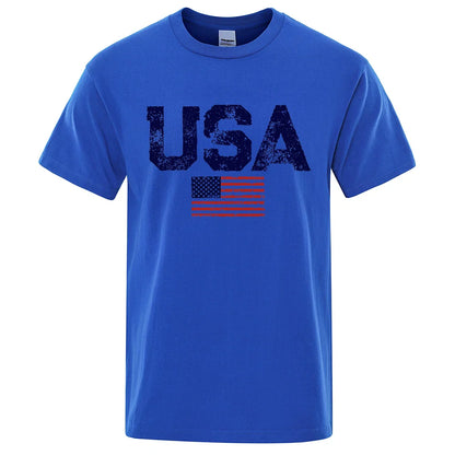Vintage USA American Flag Print T-Shirt Men Women Patriotic Casual Cotton Tee Summer Outdoor Leisure Fashion Streetwear