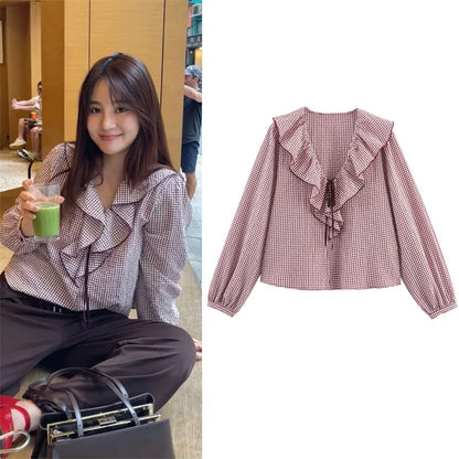 Elegant Fashion Chidori Plaid Ruffles Chiffon Shirt Spring 2025 Ruffled Neck Long Butterfly Sleeve Loose Tops Women's Clothing