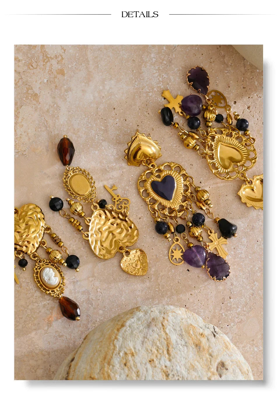 Vintage Stainless Steel Heart Cross Key Charm Pendant Drop Earrings Golden Plated Crystal Resin Stone Waterproof Jewelry