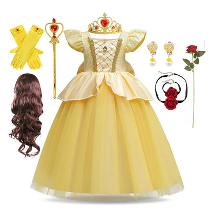 Disney Aniversário Festa Bela Fantasia Infantil Amarelo Malha Vestido de Baile Criança Cosplay Vestido de Festa Luxo para Menina Princesa Bela Noite