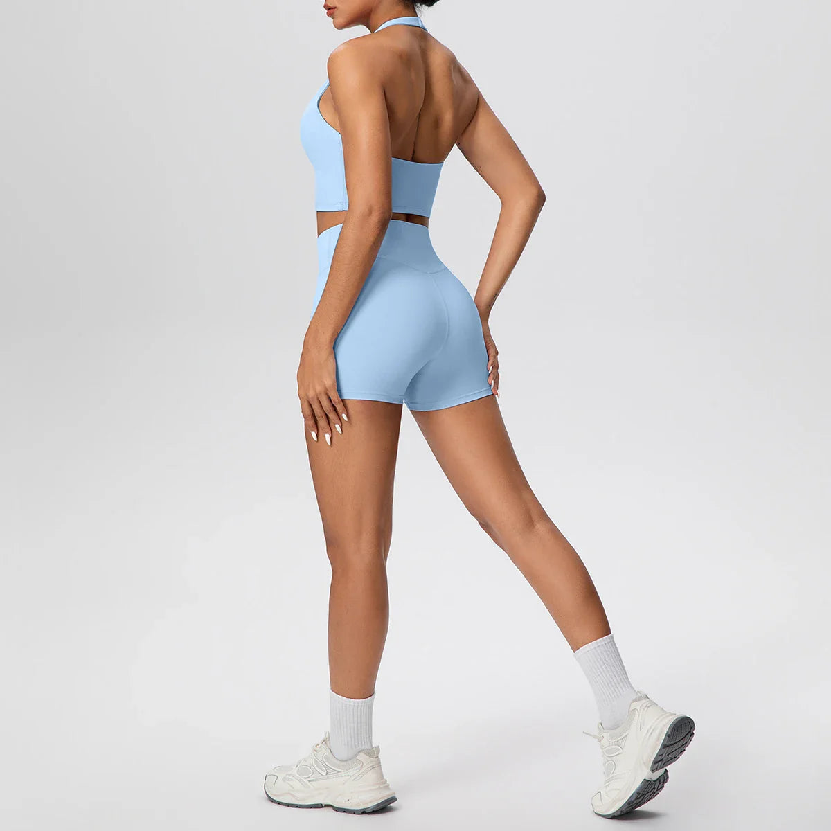 2picese Women Yoga Suit Solid Color High Waist Hip Push Up Fitness Shorts Sexy Pilates Backless Gym Hanging Neck Bra Yoga Set