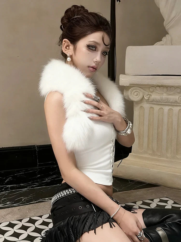 Furry Patchwork Sexy Tank Top Women Y2K Halter Backless Shirring Sleeveless Stretch Coquette Midnight Party Clubwear