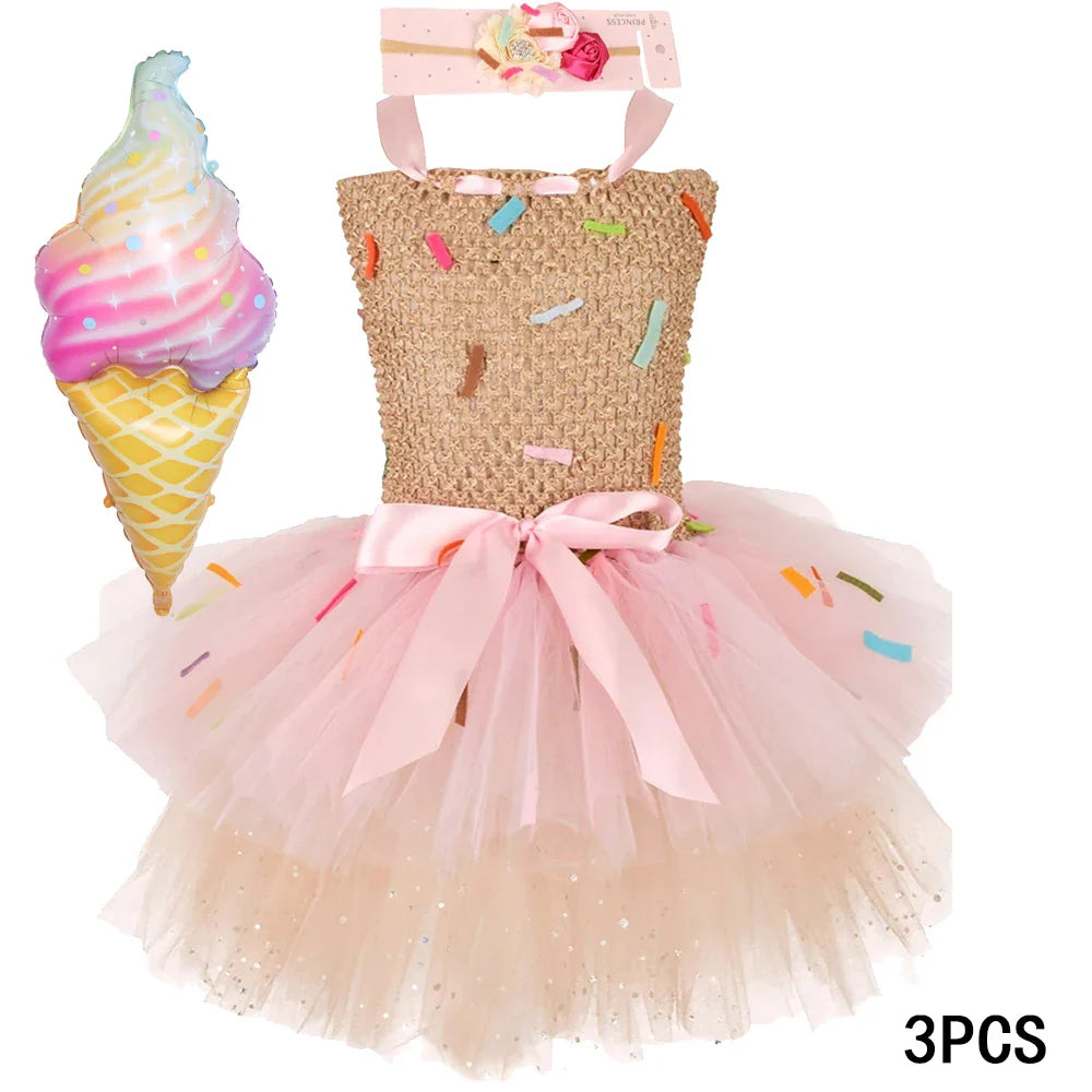 Sweet Ice Cream Candy-Themed Girls Dress for Kids Birthday Carnival Party Rainbow Tutu Children's Costume Wedding Outfits