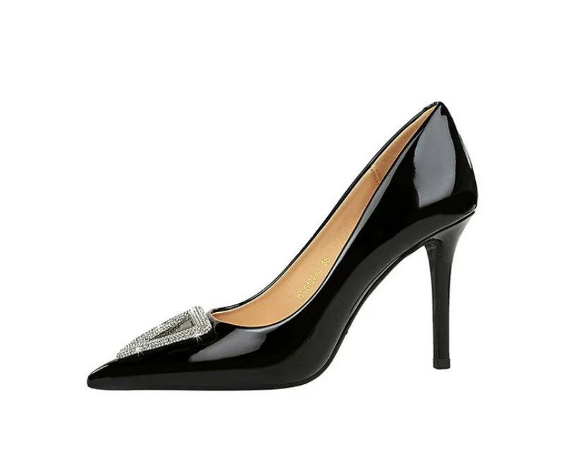 American Banquet High Heels Slim Heels Shiny Patent Leather Shallow Mouth Pointed Toe Shining Rhinestone High Heels Single Shoes