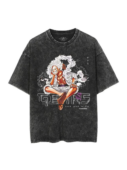 Anime Retro Washed Printed T-shirt for Men and Women 2025 Popular Summer Street Casual Short-sleeved Crew Neck Top