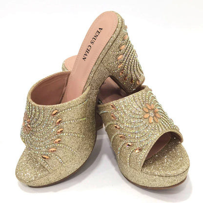 The Latest Italian Design Rotary Rhine-Diamond Floral Thick Heel Platform Women's Comfortable Shoes Bag and Shoe Set
