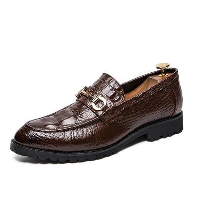 Sapatos sociais masculinos de couro bico fino casual de negócios formal detalhe de metal preto