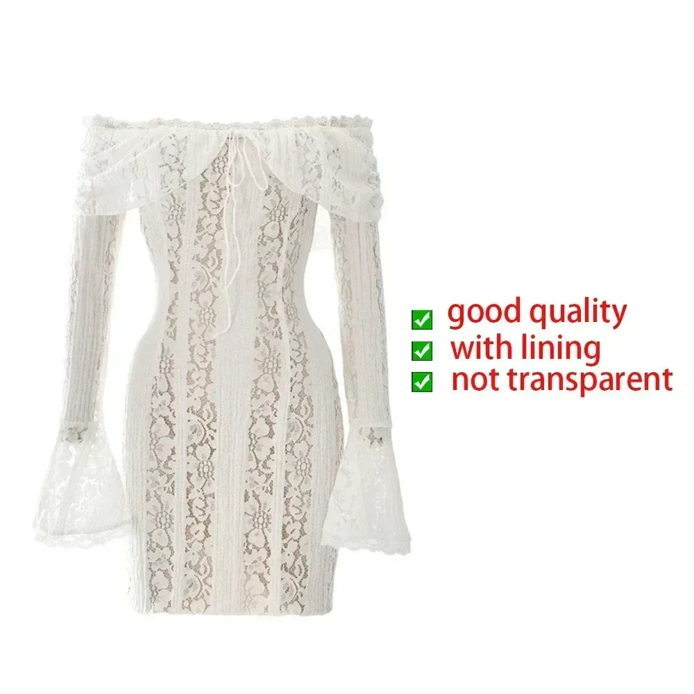 Lace Slim Mini Dress for Women Off The Shoulder Sexy Long Sleeves Club Party Dresses Bodycon Elegant Autumn Dress