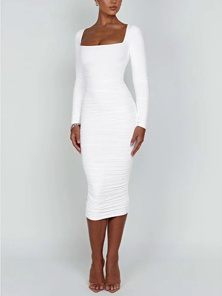 Vestido Feminino de Outono e Inverno Sexy Colado ao Corpo Decote Quadrado Manga Longa Vestidos de Noite para Senhoras