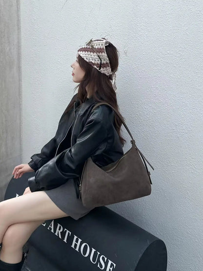 Genuine Grade Suede Leather Luxury Designer Large Capacity Women's Tote Bag Vintage Shoulder Crossbody Underarm Bags Trendy New
