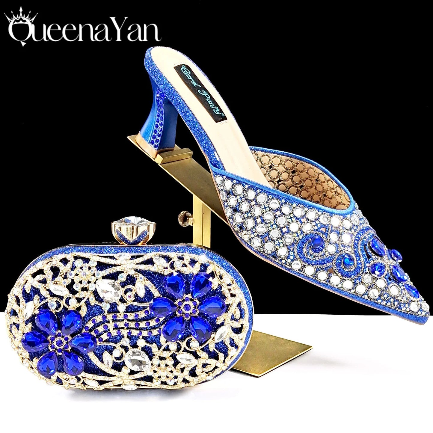 BLUE Rhinestone-encrusted Sex Ladies Shoes / MATCHING  SPARKING MINI BAG (SPECIAL COLLECTION)