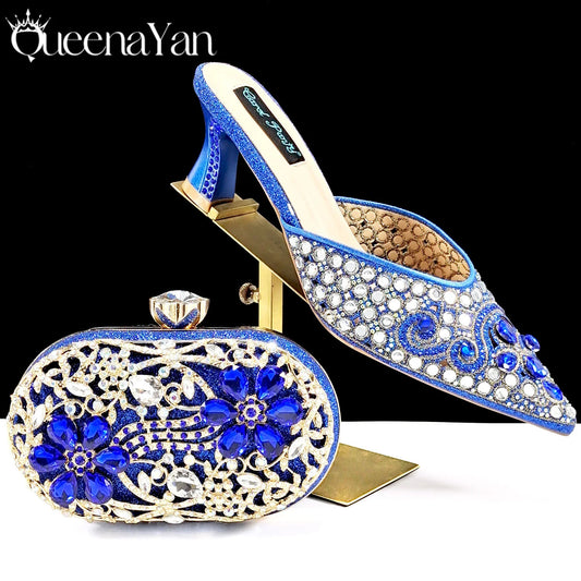 BLUE Rhinestone-encrusted Sex Ladies Shoes / MATCHING  SPARKING MINI BAG (SPECIAL COLLECTION)