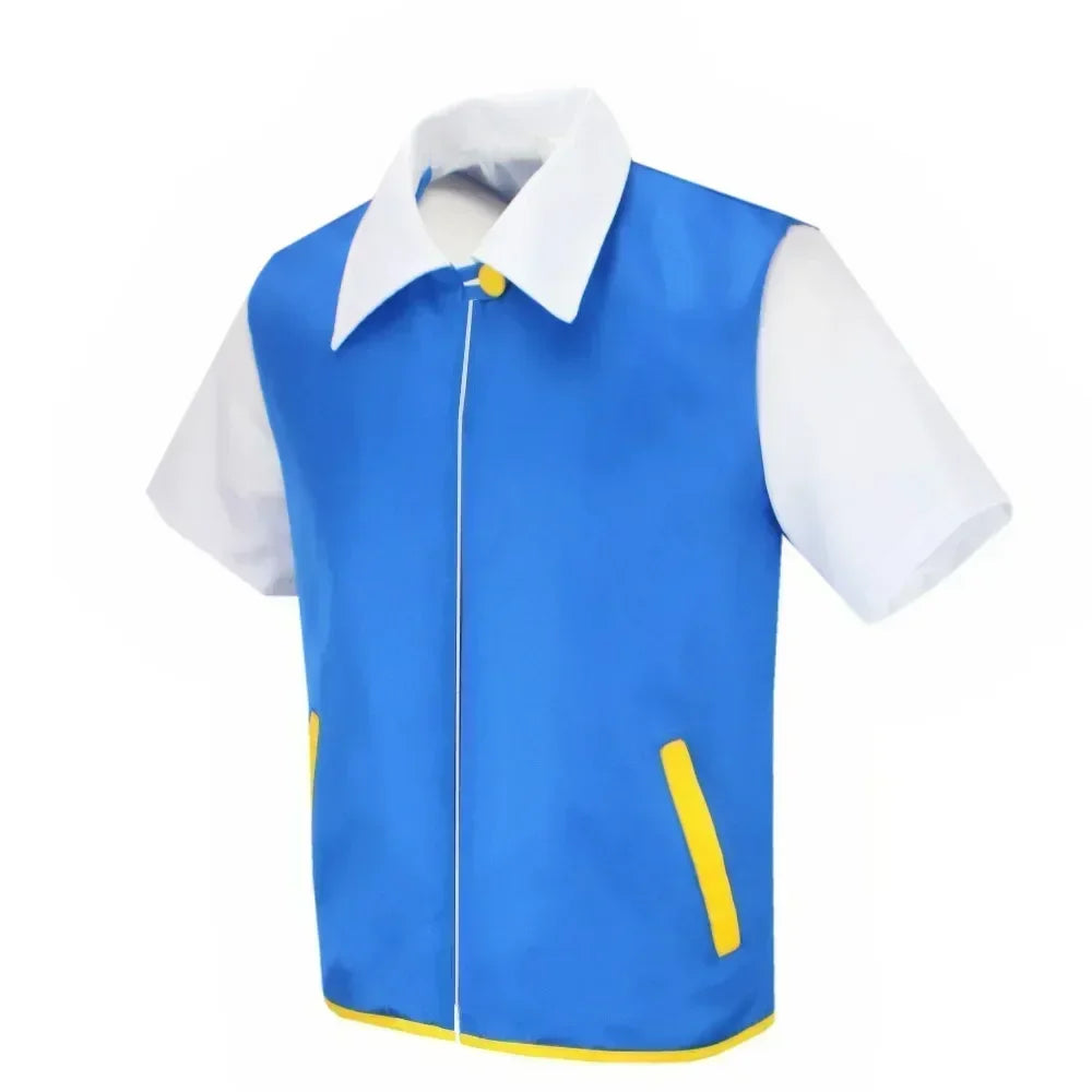 Ash Ketchum Cosplay Anime Clothes Men Blue Jacket Costume Boys Girls Cosplay for Party Trainer Pokemon Cap Gloves Set