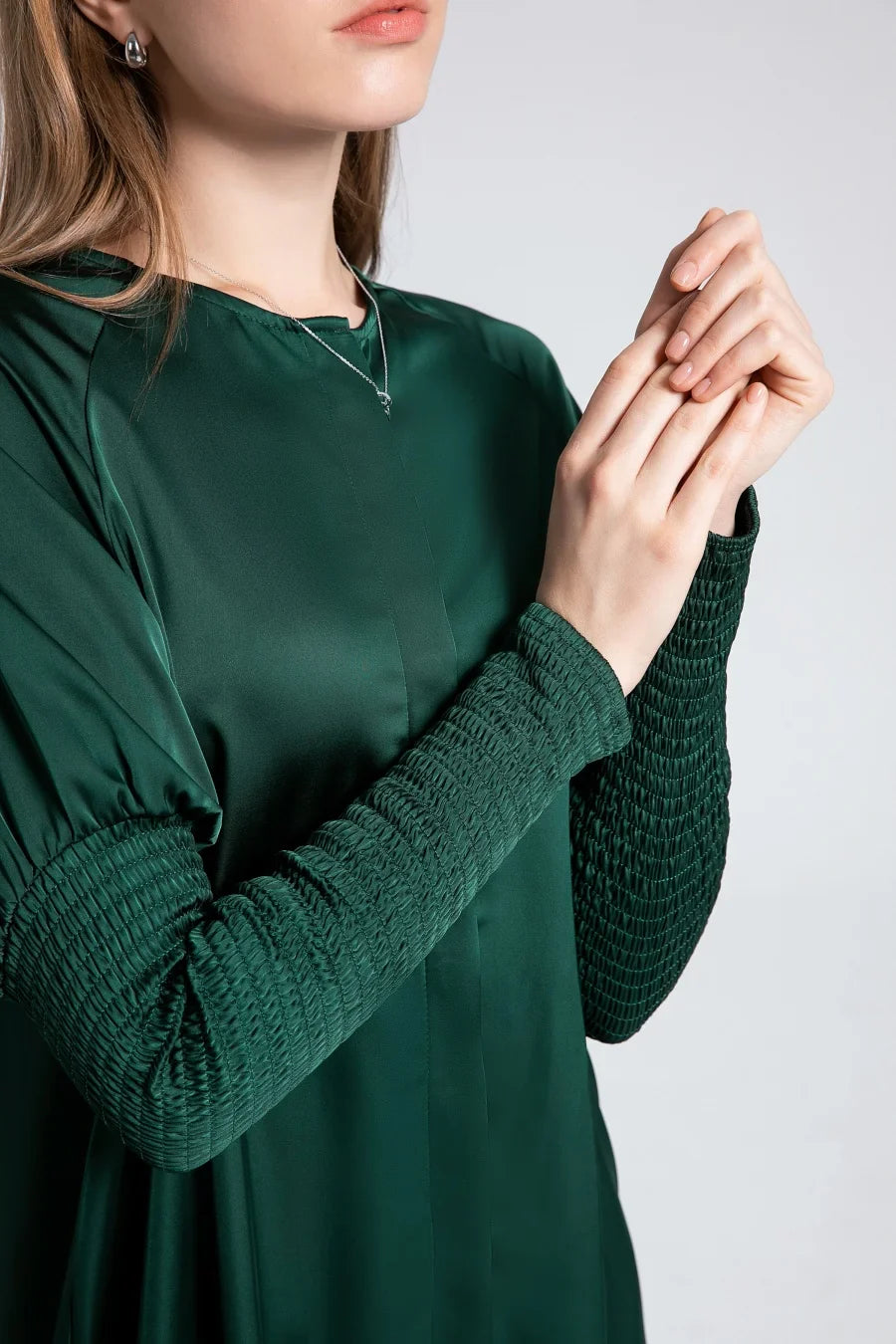 woman clothing satin dress button down design smocking sleeve maxi dress ( Ship out in 1 day)