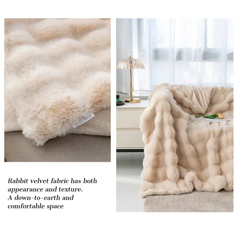 Cozy Rabbit Hair Bubble Velvet Blanket for Napping Soft Fuzzy Plush Bed Cover Sofa Throw Blanket All Season Warmth