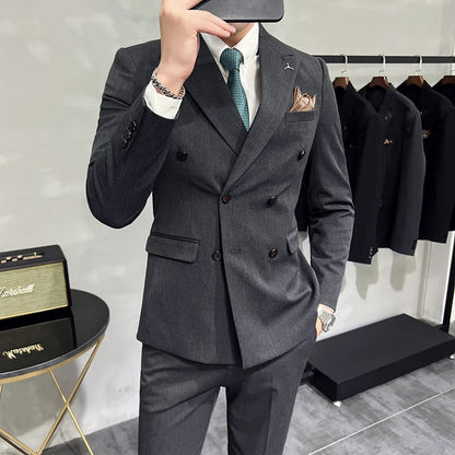 ( Blazers + Pants ) Boutique Fashion Solid Color Double-breasted Men's Casual Business Slim Suit 2-piece Set Groom Wedding Dress