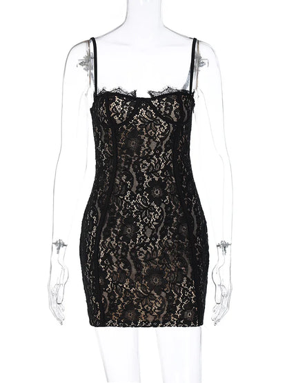 Sexy See Through Lace Spaghetti Strap Mini Dresses Women Package Hip Bodycon Party Night Club Dress Female Streetwear Vestidos