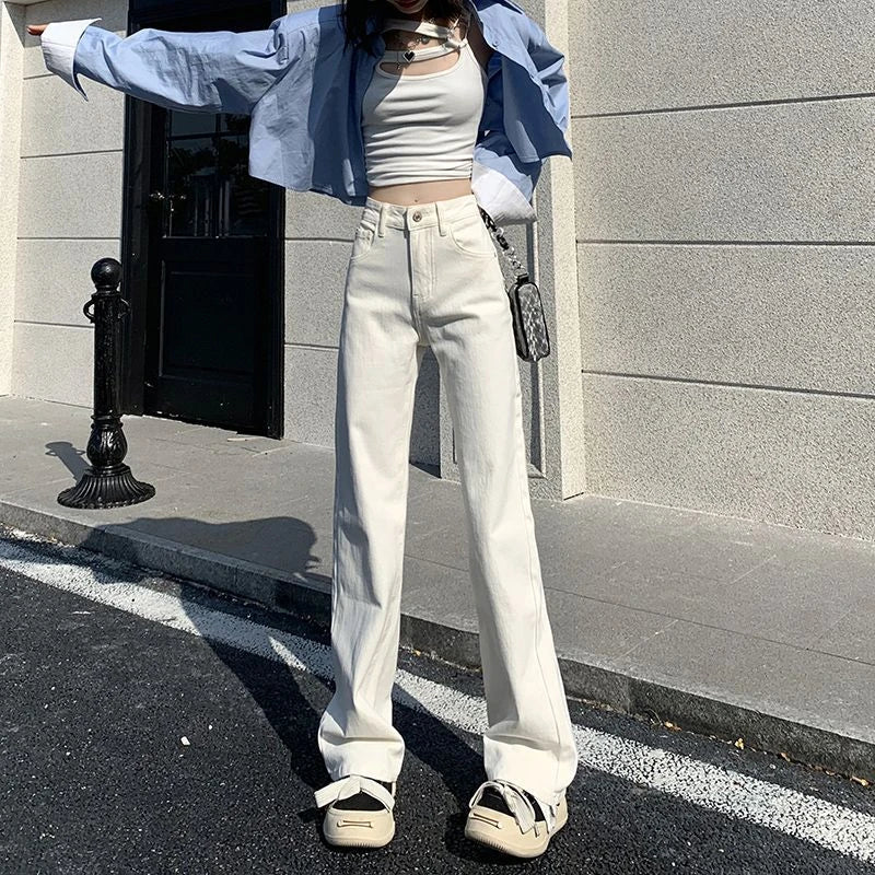 Calça Jeans Branca Feminina de Cintura Alta Jeans Branca Y2k Perna Larga Folgada