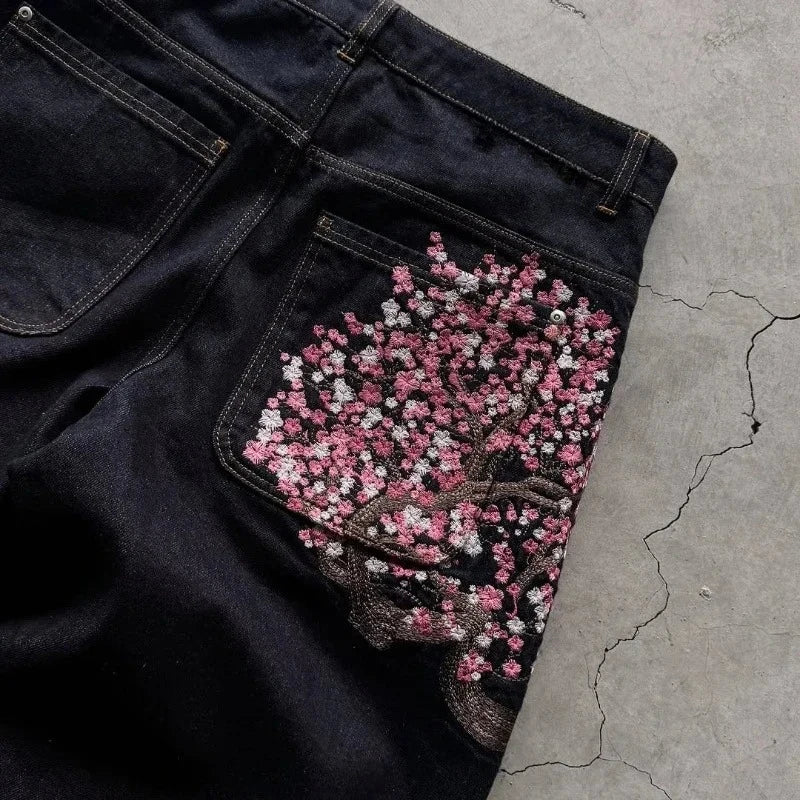 Y2K Goth vintage jeans plum blossom embroidery Harajuku pattern denim fabric wide leg pants American style men women street wear