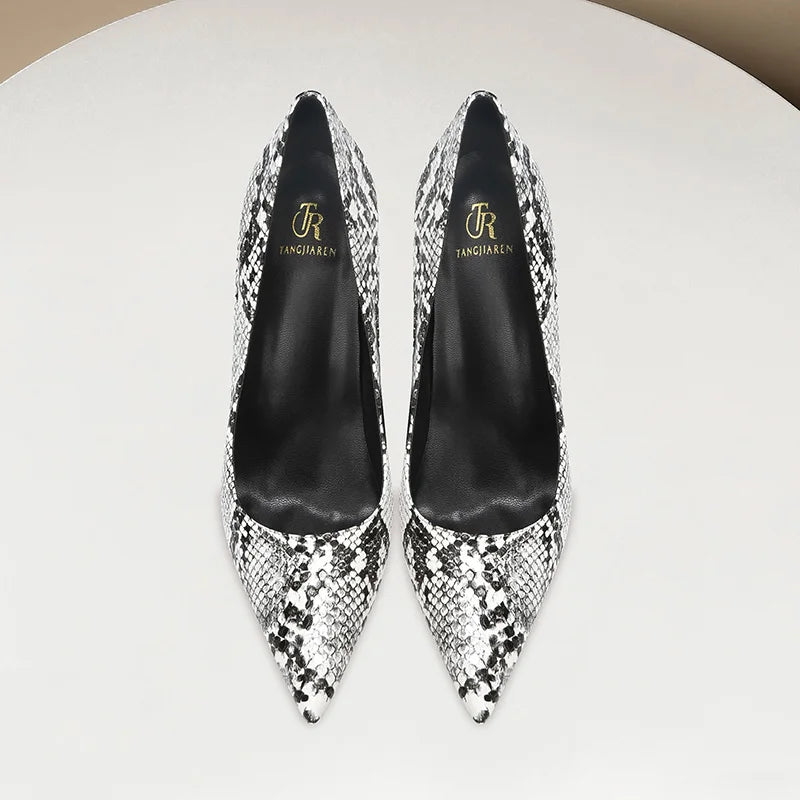 Summer fashion new snake patterned high heels for women slim heels, sexy, shallow mouth, niche temperament, pointed single shoes