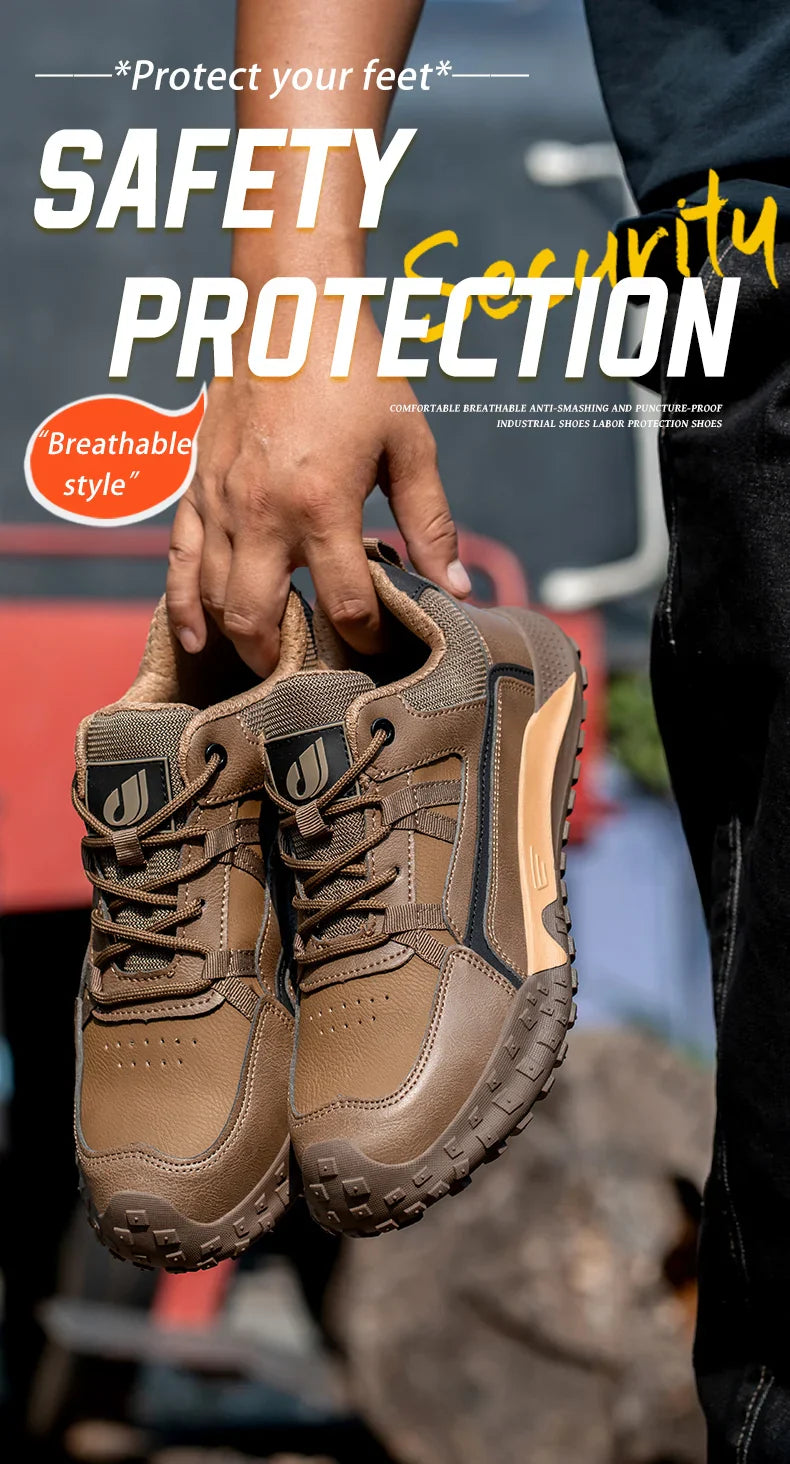 New Safety Men Work Sneakers Anti-smash Indestructible Shoes Steel Toe Protective Boots Anti-puncture Brown Work Safety Shoes