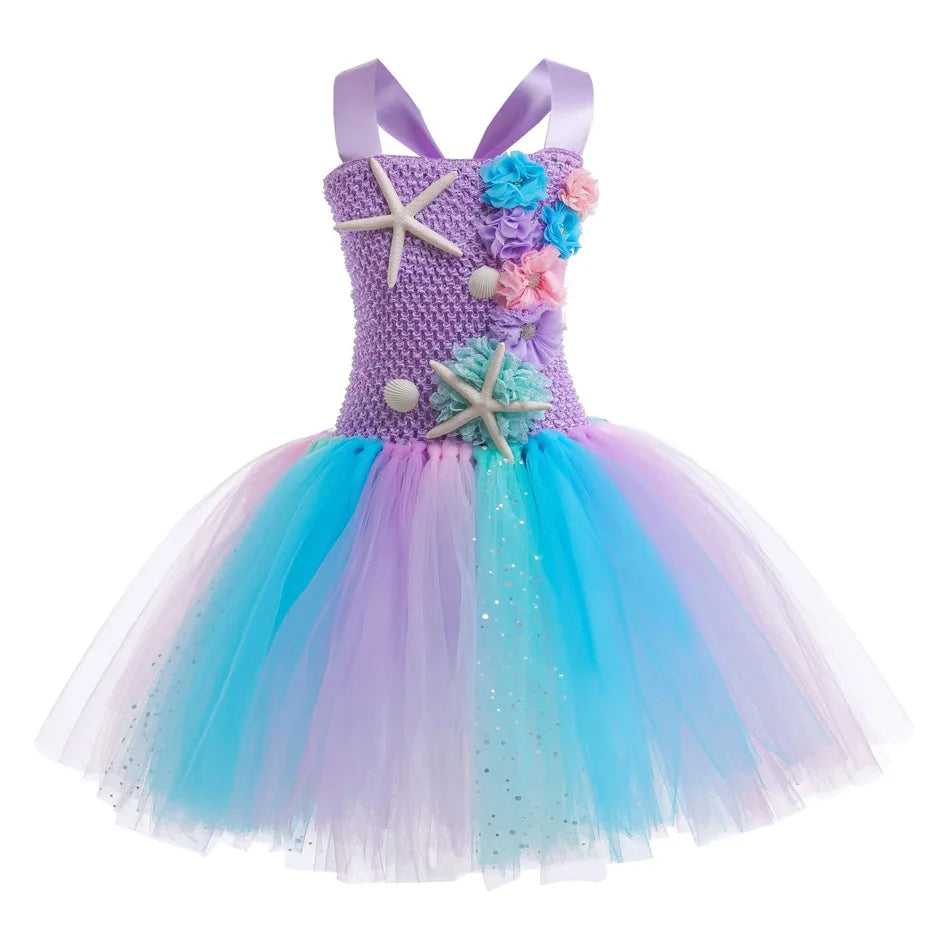 1-12 anos Vestido Tutu de Sereia Fofo com Apliques de Estrela-do-mar Coral, Vestido de Princesa Elegante Ombro a Ombro, Vestido Bufante para Festa de Aniversário de Criança