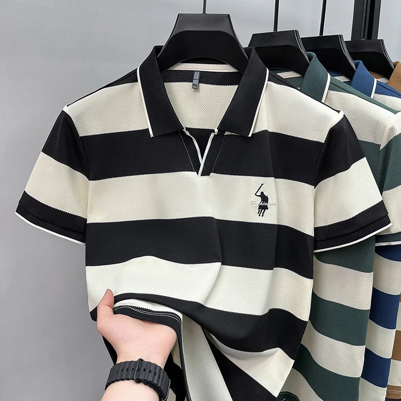 High End Embroidered Polo Shirt for Men, 2026 New Summer Striped Men's Short Sleeved T-shirt, Pure Cotton Lapel Half Sleeved Top