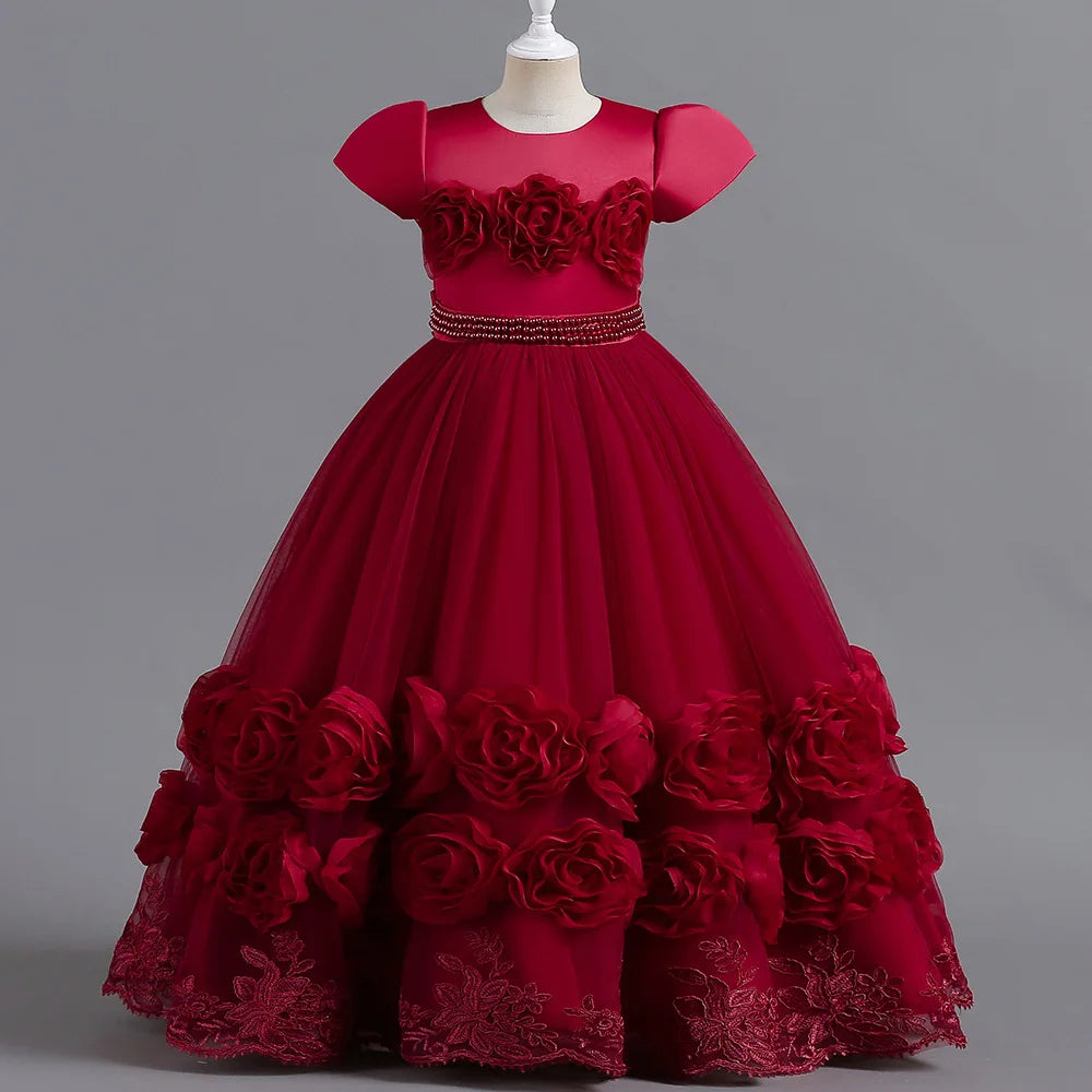 Summer Flower Bridemaids Party Girl Dresses Elegant Wedding Birthday Princess Prom Dress for Girls Bow Evening Christmas Costume