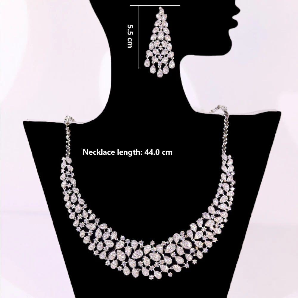 Gorgeous CZ Crystal Zirconia Luxury Silver Color Necklace Europe Bridal Wedding Party Dubai Jewelry Set for Women 2024