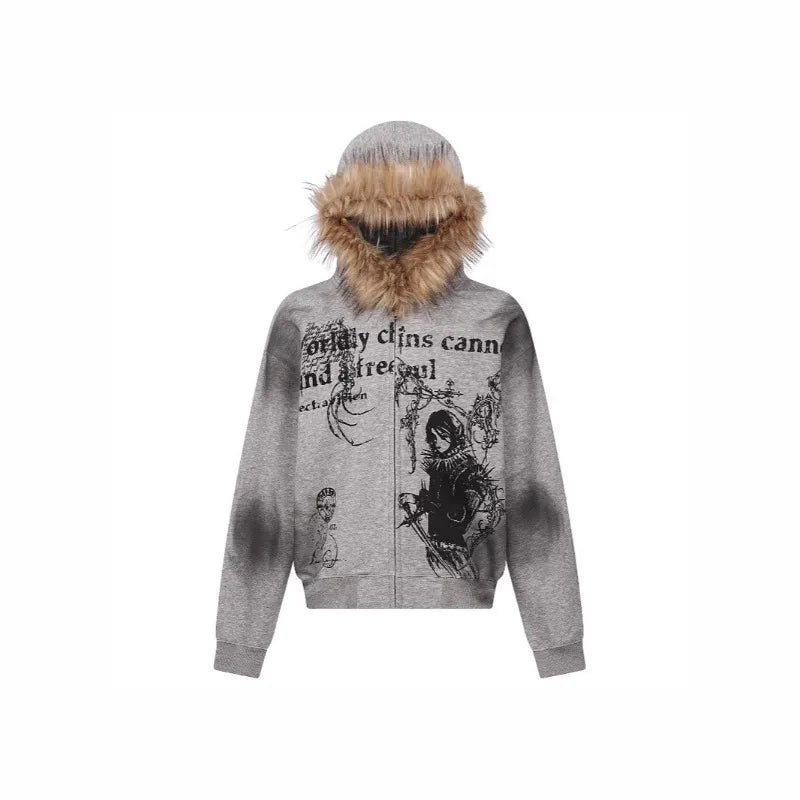 Retro Hooded Sweatshirt Loose Fitting Men's and Women's Pullover Fashionable Street Style Printed Vintage Fur Collar Sweatshirt