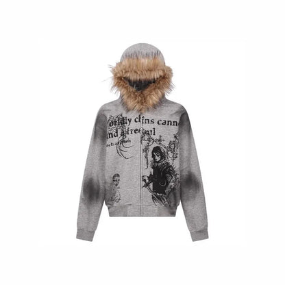 Retro Hooded Sweatshirt Loose Fitting Men's and Women's Pullover Fashionable Street Style Printed Vintage Fur Collar Sweatshirt