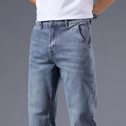 New Men's Light Business Micro Stretch Straight Fit Denim Pants Vintage Distressed All Season Wearable Long Pants