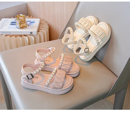 Girls Sandals Kids Summer Shoes Children's Beach Sandals with Pearls Princess Sweet Anti-slippery Open Toes Lace Chic Beading