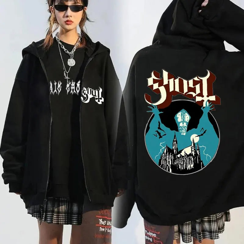 Ghost Band Seven Inches of Satanic Panic Album Graphic zip up hoodies Men's clothing Hip hop Retro harajuku jackets sweatshirt