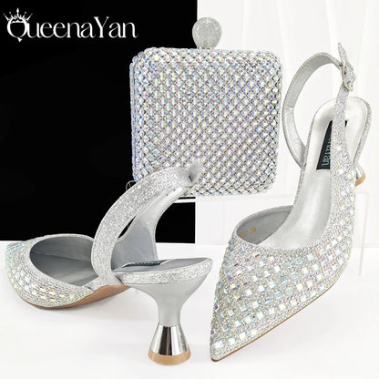 Italian Design Rhinestone Luxury Green Colour Pointed Toe Shoe & Bag Set Women's High Heels for Parties High Quality