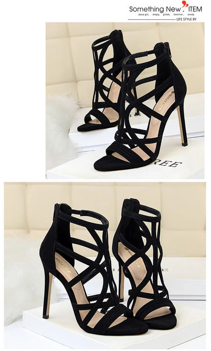 Women Roman Style Thin High Heels Pumps Pointed Toe Suede Hollow Strap Party Shoes Solid Ankle Zip Summer Sandals