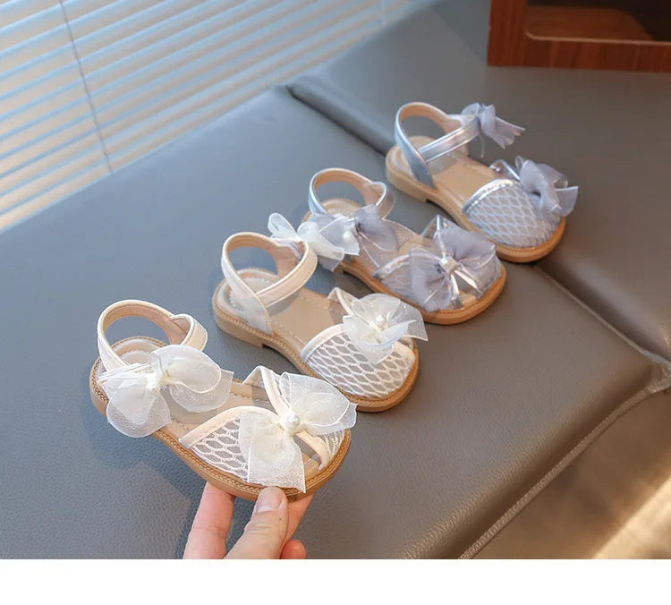 2025 Mesh Peep-toe Princess Shoes Girls Sandals with Tulle Butterfly-knot Summer Evening Wedding Party Bridesmaid Sandals I05292