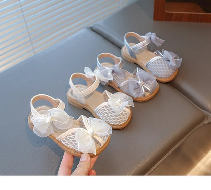 2025 Mesh Peep-toe Princess Shoes Girls Sandals with Tulle Butterfly-knot Summer Evening Wedding Party Bridesmaid Sandals I05292