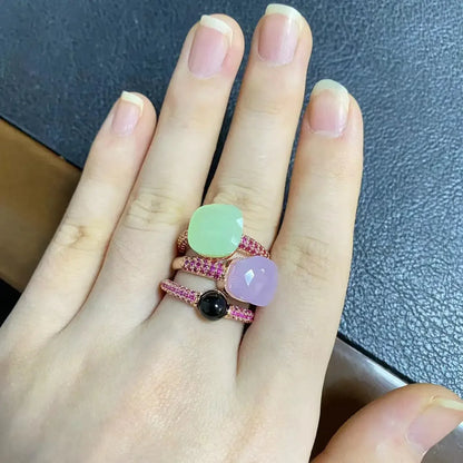 Conjunto de 3 anéis empilháveis ​​Nudo para mulheres, conjunto com cores mistas, cristais tipo bala incrustados, zircônia, ametista, topázio azul, joia redonda, presente