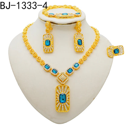 Women Gold Color Jewelry Sets Blue Pendant Necklace Earrings Bracelet Ring Sets Party Gifts